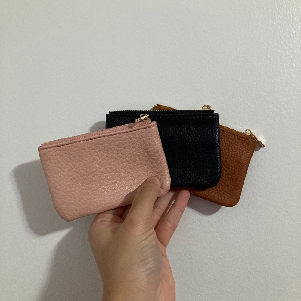 Set of 3 Small Black Pink and Brown Faux Leather Coin Zipper Pouches with Clasp